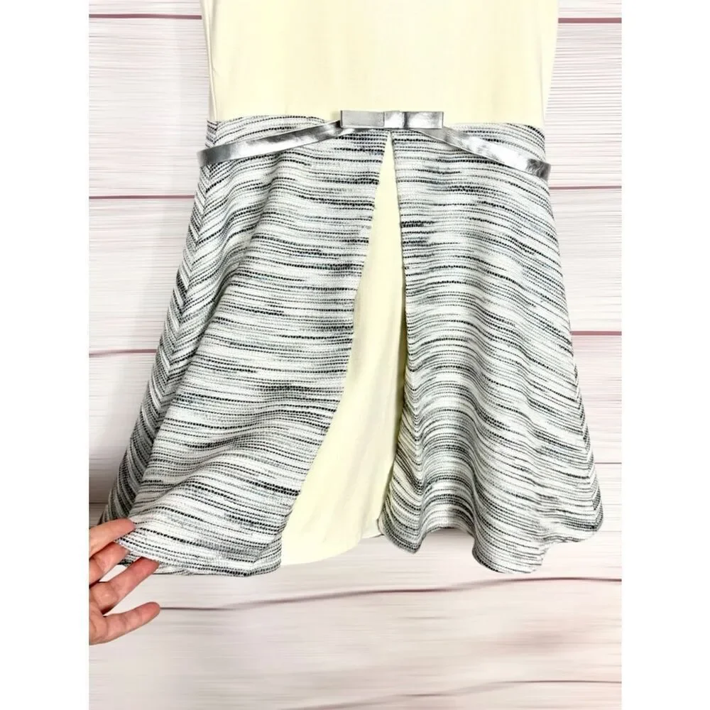 ZOË Ltd Dress Gray Ivory Tweed Cap Sleeve Fit & Flare Silver Belt size 16